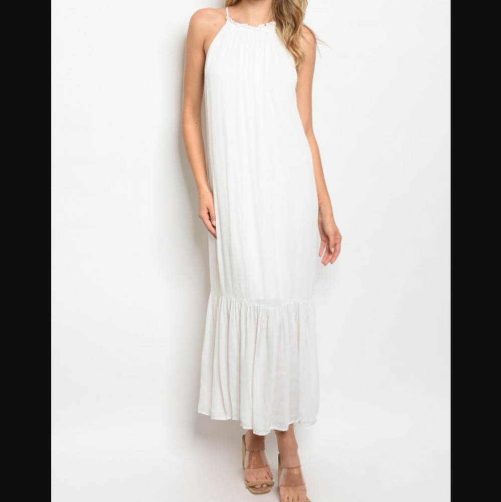 MYTH Midi Dress Flowy Flouncy Sleeveless Ruffle Hem Beaded Ties White Medium NWT